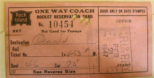 Rock Island Railway one way coach ticket from 1947